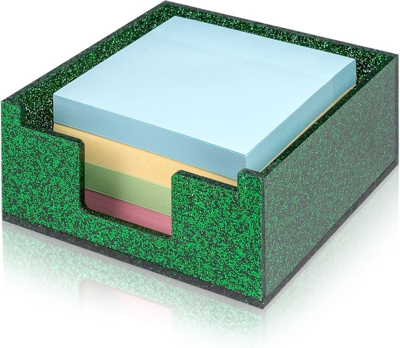Luminzo Green Sparkling Sticky Note Holder, Glitter Acrylic Organizer, 3.94 x 3.94 in Multi-Use Tray for Office, School & Home Desk - Image 1